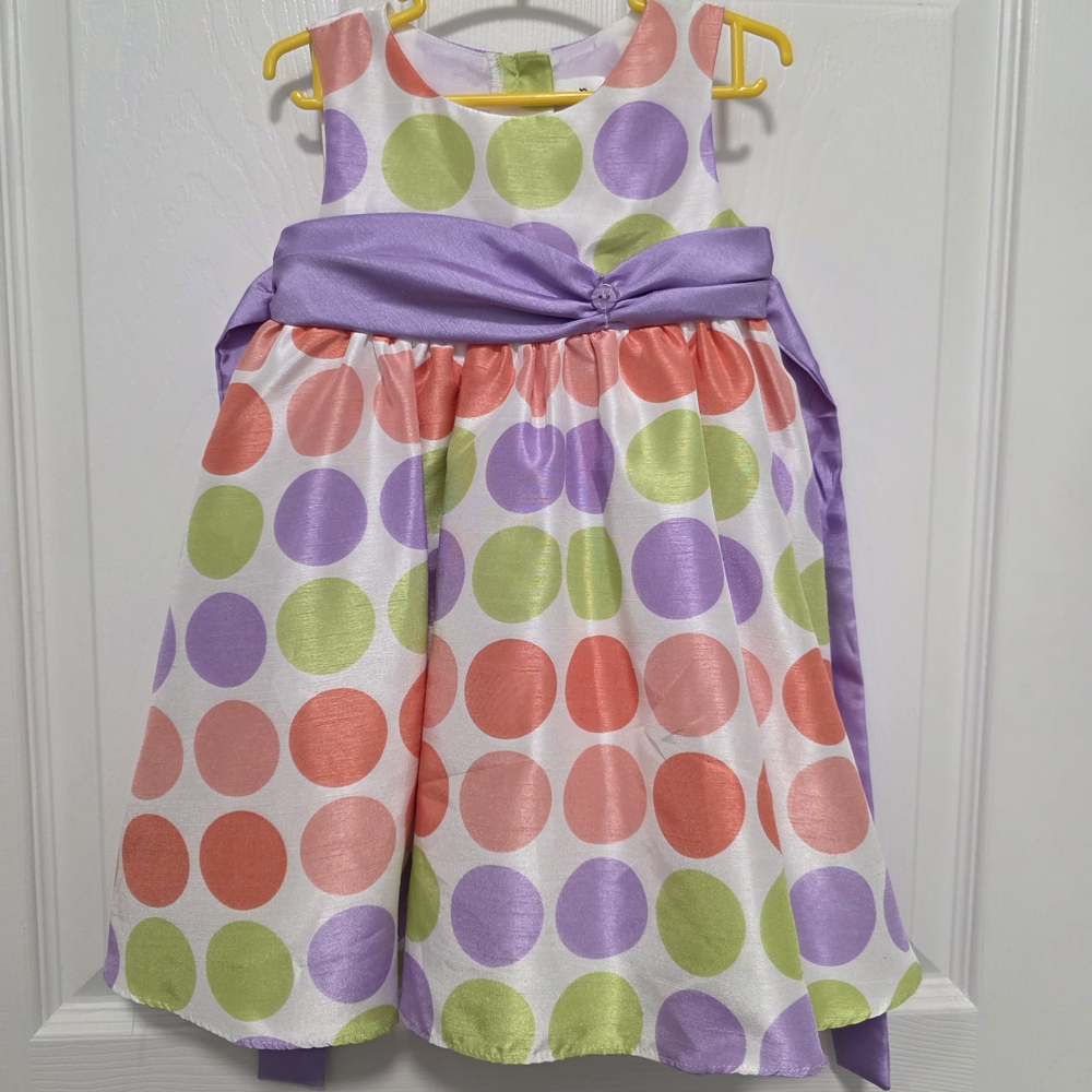 Rare Editions Multicolor Polka Dot Dress with Lavender Sash